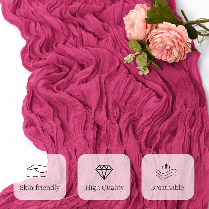 6 Pack Hot Pink Cheesecloth Table Runner 17x108 Inch Semi Sheer Boho Gauze Cheese Cloth Fabric Table Runners, for Wedding Party Baby Shower Birthday Home Decor Garden Farmhouse