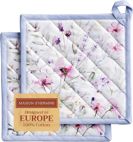 Maison d' Hermine Pot Holders Set 100% Cotton Heat Resistant Potholders 8" x 8" Hot Pads with Loop BBQ, Cooking, Baking, Grilling, Kitchen, Handling Hot Pans Spring/Summer (Pack of 2, Summer Floral)