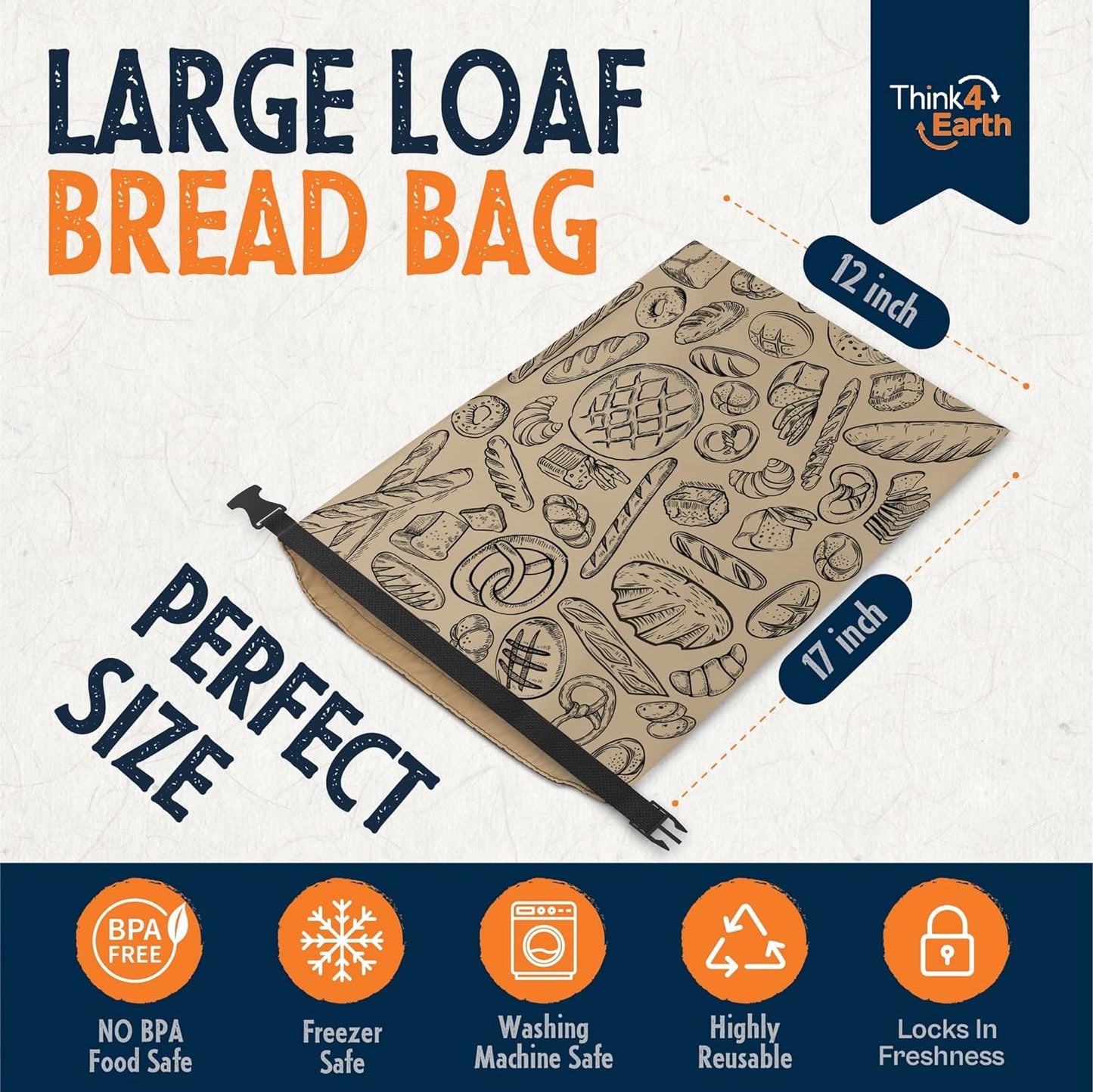 THINK4EARTH® Premium Brown Reusable Bread Bags for Homemade Bread – Durable & Washable (2 Pack)