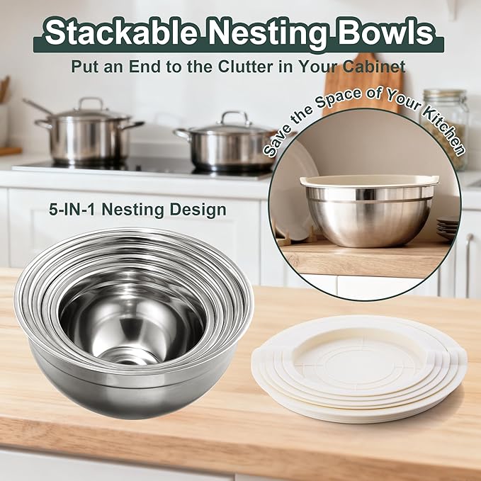5 Piece Stainless Steel Mixing Bowls with Lids Set - Khaki Nesting Metal Mixing Bowls for Kitchen, Sizes 4.5, 4, 3.5, 2.1, 1.5 Qt for Baking, Cooking and Serving, Dishwasher Safe