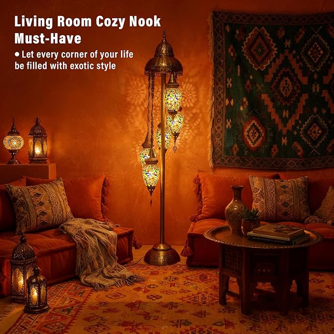 Turkish Floor Lamp, 154CM Moroccan Bohemian Style Living Room Decor, Handcrafted Mosaic Metal Base, Includes 5 Olive Shape Lampshades (XGL Floor-02)