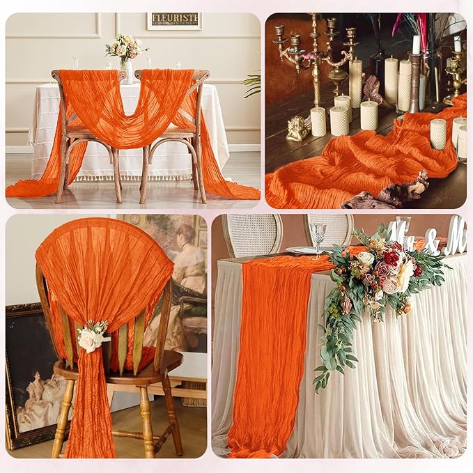 6 Pack Orange Cheesecloth Table Runner 17x108 Inch Semi Sheer Boho Gauze Cheese Cloth Fabric Table Runners, for Wedding Party Baby Shower Birthday Home Decor Garden Farmhouse