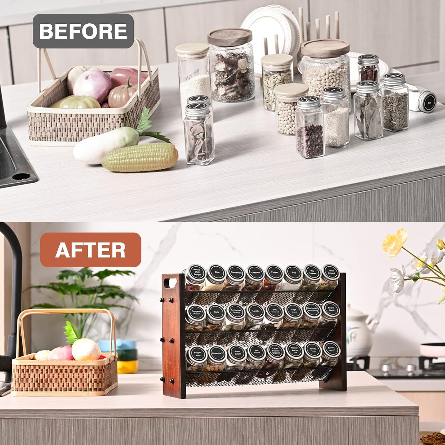 Spice Rack Organizer for Cabinet, Spice Organizer with 24 Empty Spice Jars, 180 Spice Labels, Wooden Spice Jar Organizer, Seasoning Organizer for Cabinet Kitchen, Pantry, Countertop or Wall Mount