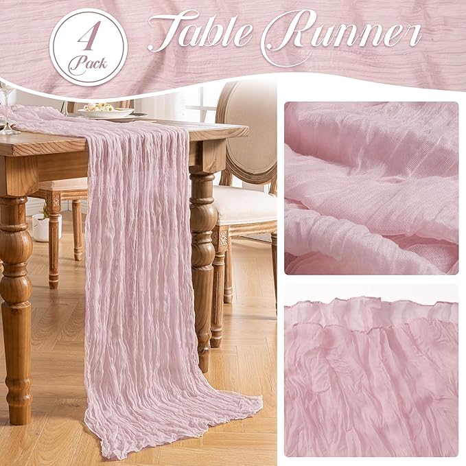 Leetaltree 4 Pack Pink Cheesecloth Table Runner, 35x120 Inch Boho Rustic Cheese Cloth Table Runner, Decorative Table Runners for Bridal Baby Shower Decorations or Wedding Table Decorations