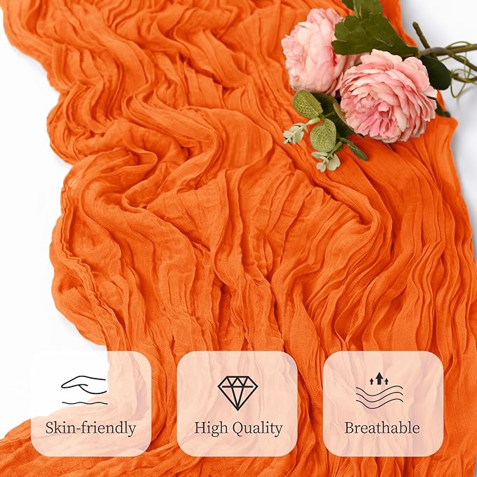 6 Pack Orange Cheesecloth Table Runner 17x108 Inch Semi Sheer Boho Gauze Cheese Cloth Fabric Table Runners, for Wedding Party Baby Shower Birthday Home Decor Garden Farmhouse
