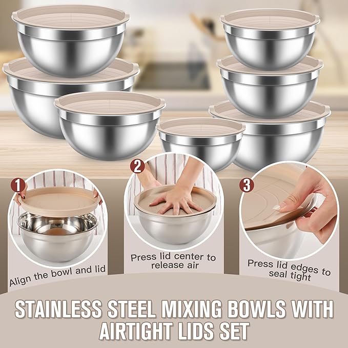 28PCS Mixing Bowls with Airtight Lids Set, Stainless Steel Nesting Prep Bowls with 7 Measuring Cups & 14 Measuring Spoons for Cooking, Baking, Serving, Food Storage, Size 5.5/3.5/2.5/2/1.4/1/0.62QT