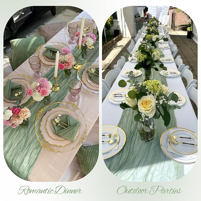 20 Pack Cheesecloth Table Runner Sage Green, Rustic Boho Gauze Fabric Table Runner Romantic Table Runner For Wedding, Festival, Birthday, Anniversary, Dinner and Outdoor Events (17.7 x 108 inch)