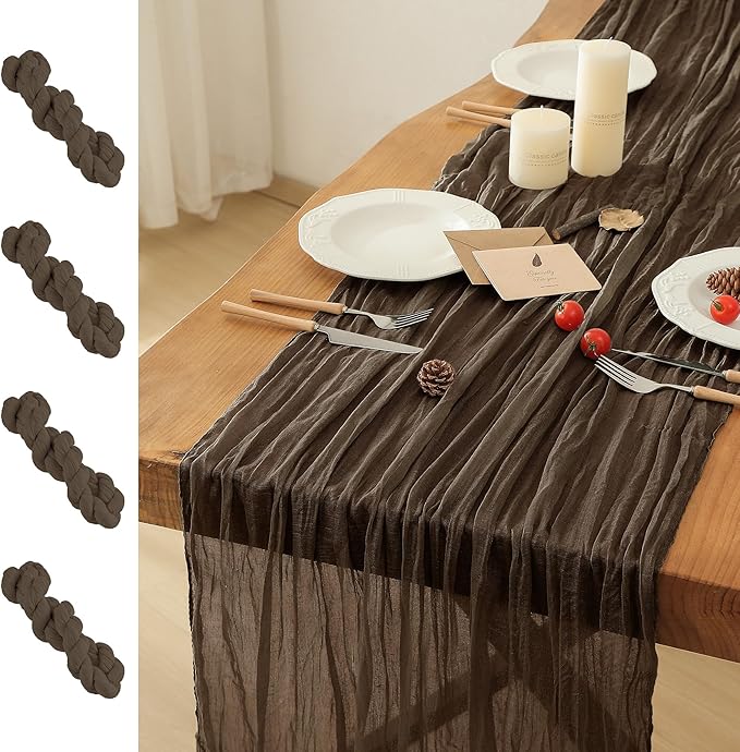 Leetaltree 4 Pack Brown Cheesecloth Table Runner, 35x120 Inch Boho Rustic Cheese Cloth Table Runner, Decorative Table Runners for Bridal Baby Shower Decorations or Wedding Table Decorations