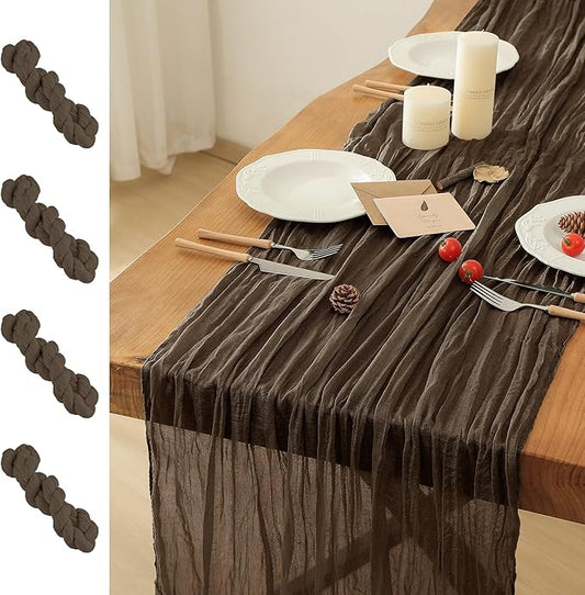 Leetaltree 4 Pack Brown Cheesecloth Table Runner, 35x120 Inch Boho Rustic Cheese Cloth Table Runner, Decorative Table Runners for Bridal Baby Shower Decorations or Wedding Table Decorations