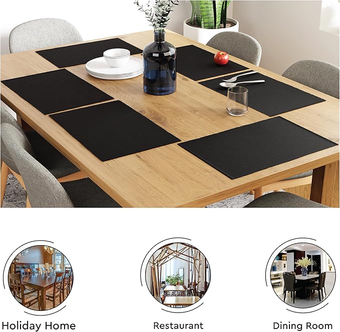 Encasa XO Dining Placemat Set of 6 | Solid Solid Black Color | Fine Ribbed Cotton Table mat | Size 19x13 in |for Dining Table Fall Decoration, Holiday & Christmas Festivals - Machine Washable