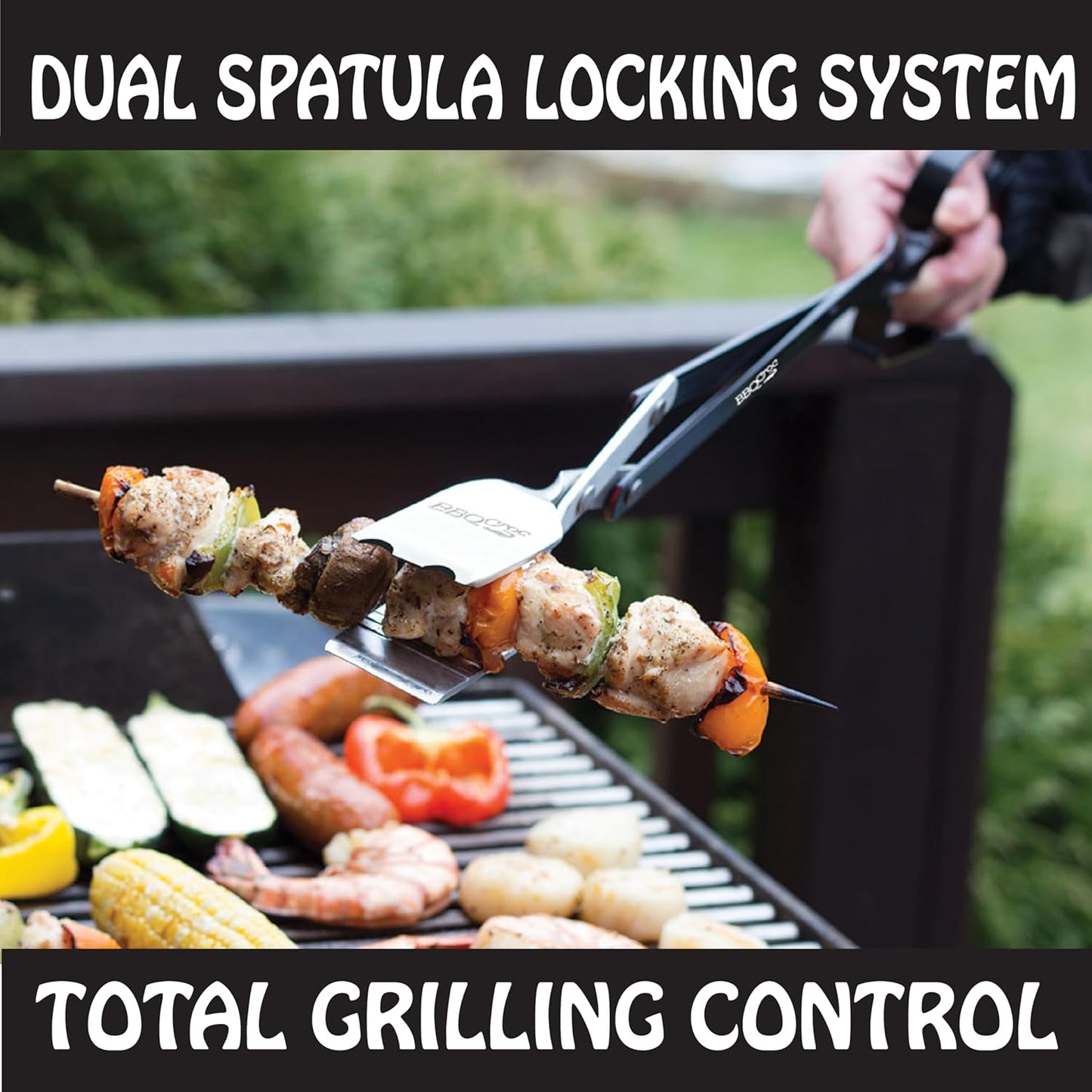 BBQCroc 3 in 1 Barbecue Tool 21-inch - Extra Light and Long Tongs, Spatula and Grill Scraper (Black)