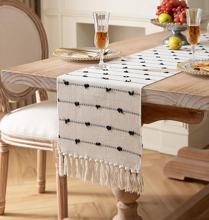 Caflife Boho Table Runner 90 Inchs Long for Modern Farmhouse Room Home Decor, Black and Beige Coffee Table Runner, Natural Cotton Woven with Tassels Neutral, for Kitchen Dining Table Decor