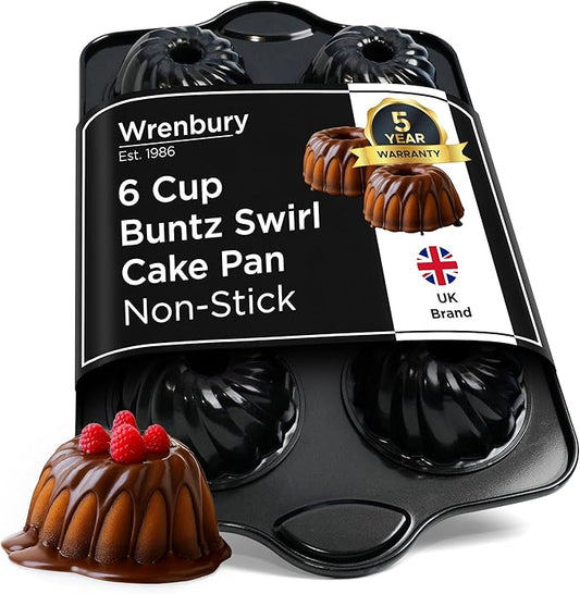 Wrenbury Nonstick Mini Swirl Buntz Pan for Baking - 6 Cup Fluted Cake Tin for Small Cakes - PFOA Free and Dishwasher Safe - 3.75” Cup Width