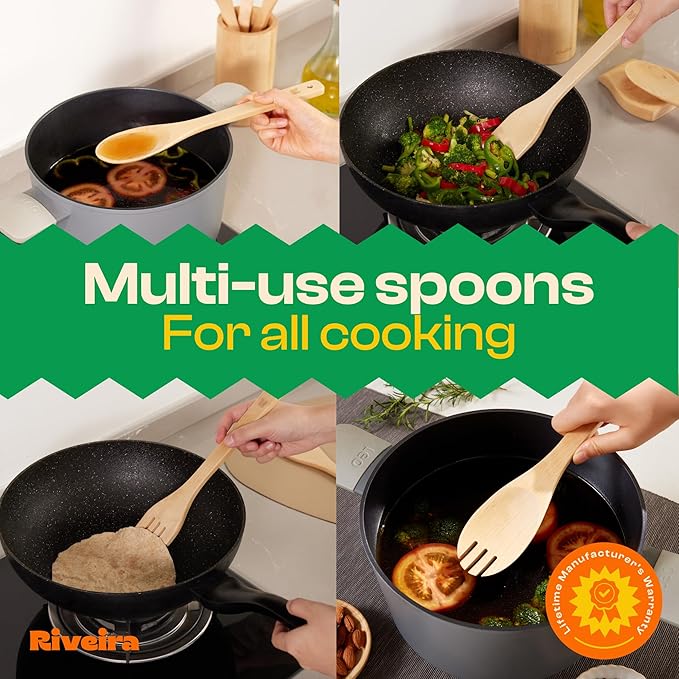 Riveira Maple Wooden Spoons for Cooking Set of 9 – Natural Maple Wooden Cooking Utensils, Wooden Spatula, Wooden Spoon - Premium Quality Utensil Set for Non-Toxic Cooking