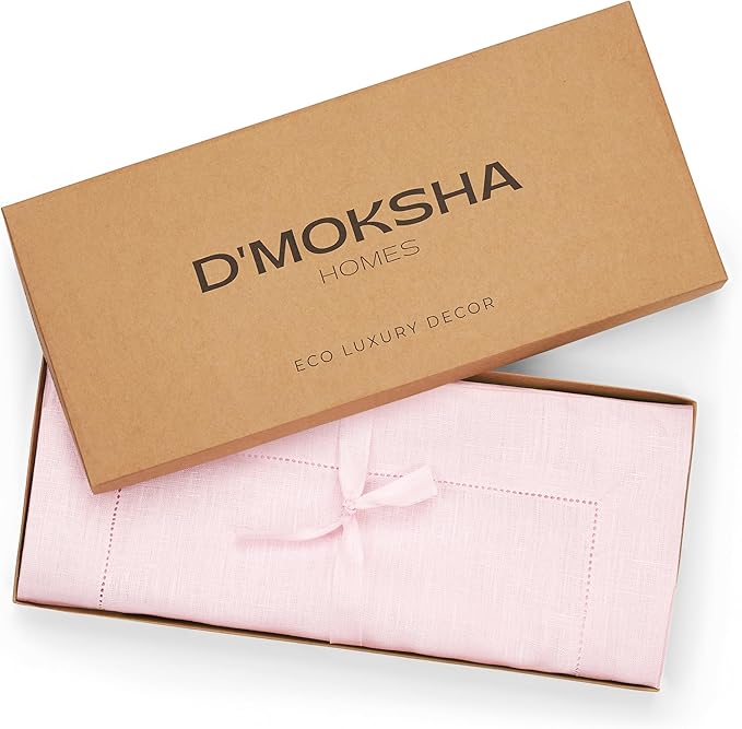 D'Moksha Homes Linen Pastel Pink Table Runner 48 Inches - Classic Hemstitch, 100% Pure Linen Coffee Table Runner 14 x 48 Inch Ideal for Dresser Tables - Winter, Christmas, Holiday, New Year