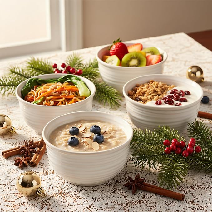 Soup Bowls, 20 Ounce Deep Ceramic Cereal Bowls for Kitchen Home, Serving Bowls Set of 6 Perfect for Oatmeal Rice Pasta Salad Dessert Breakfast, Microwave & Dishwasher Safe Durable, White