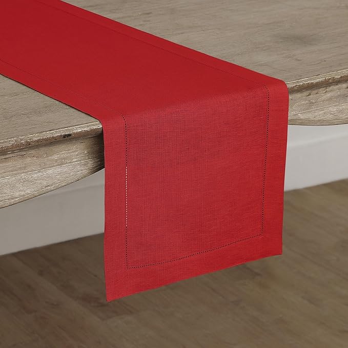 Solino Home Linen Red Table Runner 48 Inches - Classic Hemstitch, 100% Pure Linen Coffee Table Runner 14 x 48 Inch Ideal for Dresser Tables - Christmas, Holiday, Winter, New Year