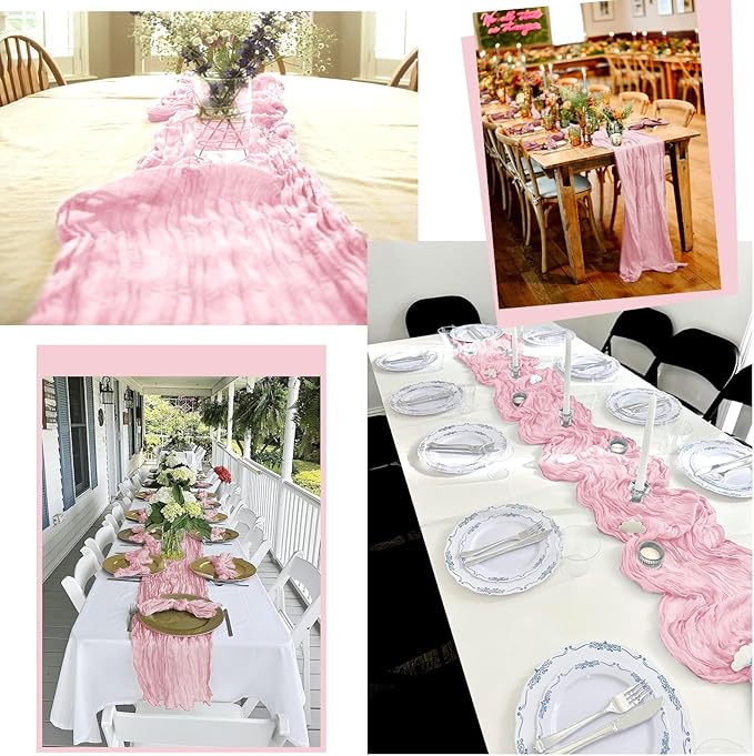 12 Pack Pink Table Runner 10Ft Cheesecloth Table Runner Rustic Gauze Table Runners Romantic Long Sheer Fabric Cheese Cloth Table Runners for Wedding Party Bridal Baby Shower