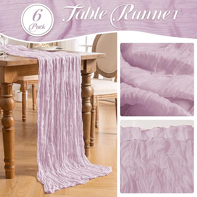 Leetaltree 6 Pack Lilac Cheesecloth Table Runner, 35x120 Inch Boho Rustic Cheese Cloth Table Runner, Decorative Table Runners for Bridal Baby Shower Decorations or Wedding Table Decorations