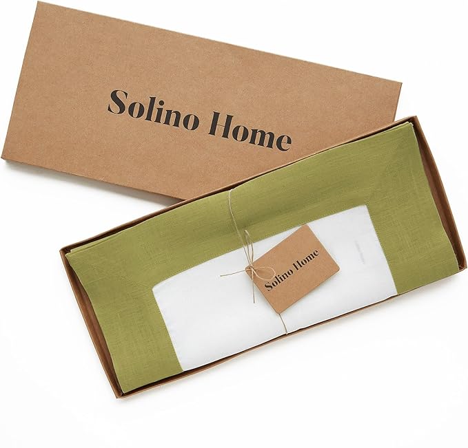 Solino Home Linen Table Runner 36 Inches - 100% Pure Linen Avocado and White Small Table Runner 14 x 36 Inch Ideal for Dresser and Coffee Tables - Winter - Contempo