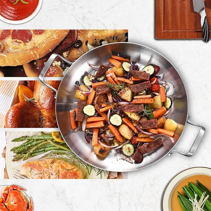 Inqibee 14 Inch Tri-Ply Stainless Steel Paella Pan with Lid,Large Skillet,Omelet,Griddle,Induction Cooking Pan,Dishwasher and Oven Safe.