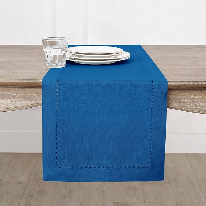 Solino Home Linen Table Runner 108 Inches Long - 100% Pure Linen Indigo Blue Table Runner 14 x 108 Inch for Christmas, Winter, New Year - Classic Hemstitch