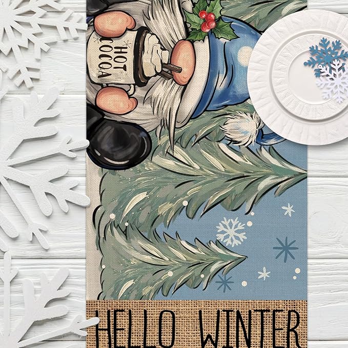 Seliem Hello Winter Blue Gnome Table Runner, Pine Tree Snowflake Hot Cocoa Farmhouse Kitchen Dining Table Decor, Christmas Holiday Rustic Home Decoration Indoor Outdoor Party Supply 13 x 36 Inches