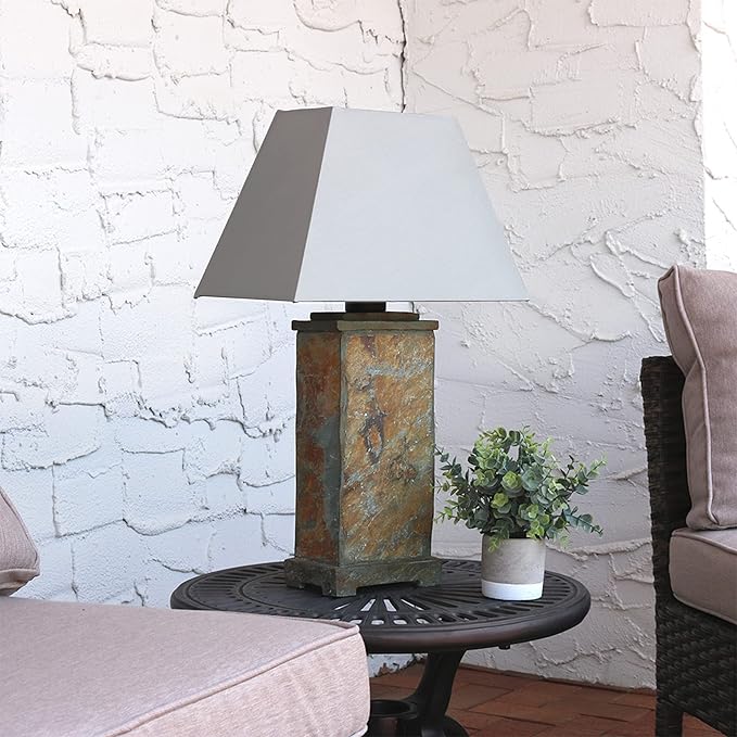 Sunnydaze 24" Outdoor Table Lamp - Weather-Resistant Natural Slate Light for Indoor or Outdoor Use - Cotton Lampshade - Set of 2