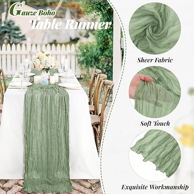 Aktor 6 Pack Sage Green Cheesecloth Table Runner 10Ft Gauze Table Runner Boho Semi Sheer Cheese Cloth Fabric Runners for Wedding Birthday Baby Shower Party Table Decoration（Sage Green）