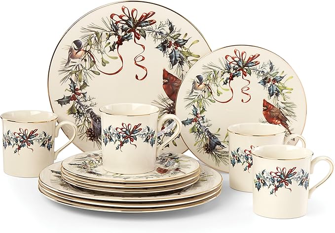 Lenox 6122055 Winter Greetings 12-Piece Dinnerware Set, Red & Green, Christmas, Holiday Hosting, Service For 4