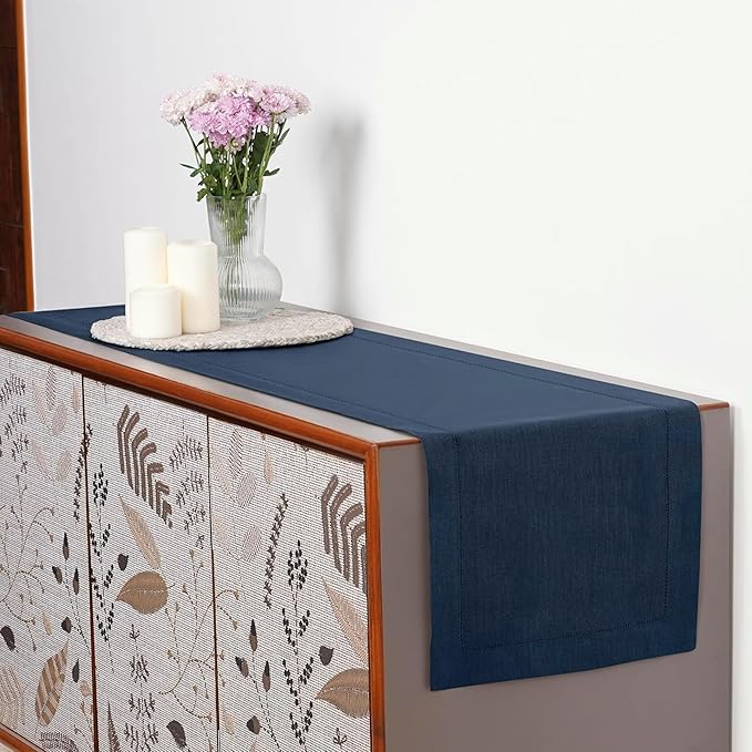 D'Moksha Homes Linen Navy Blue Table Runner 60 Inches - Classic Hemstitch, 100% Pure Linen Coffee Table Runner 14 x 60 Inch Ideal for Dresser Tables - Winter, Christmas, Holiday, New Year