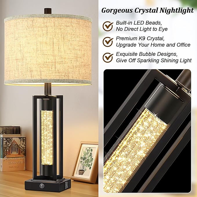 TOBUSA 26’’ Farmhouse Table Lamp for Living Room, Vintage Crystal Nightstand Lamp with 2 USB Ports, Rustic Bedside Lamp with Fabric Shade, Modern Black Desk Lamp with Crystal Night Light for Bathroom