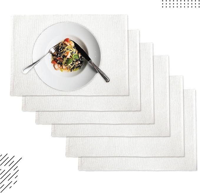 Encasa XO Dining Placemat Set of 6 | Solid Solid Off White Color | Fine Ribbed Cotton Table mat | Size 19x13 in |for Dining Table Fall Decoration, Holiday & Christmas Festivals - Machine Washable