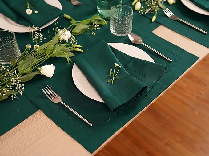 Home Ekaa 100% Pure Linen Green Napkins 20 x 20 Inch - Washable Hemstitch Dinner Napkins Set of 4 - Cloth Fabric Napkins for Christmas, Fall, Winter, Holiday & New Year - Elara