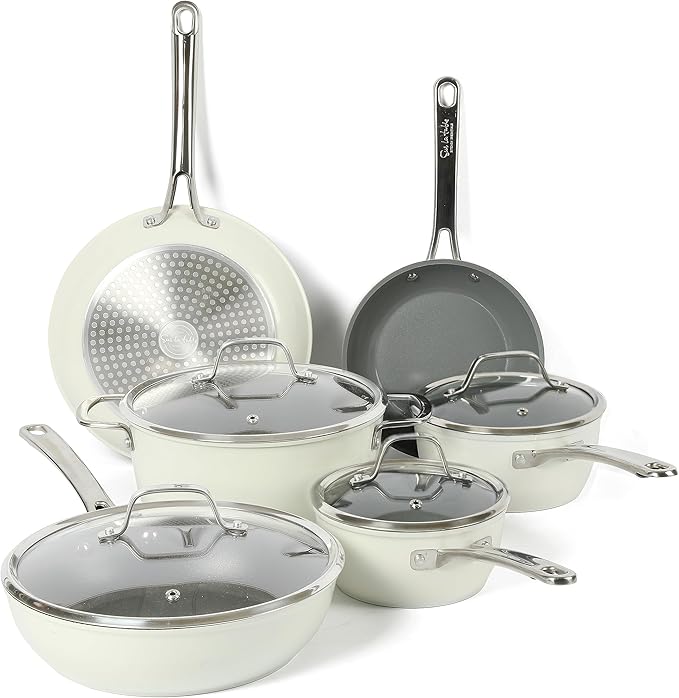 Sur La Table Kitchen Essentials 10 Piece PFA Free Non-Toxic Titanium Ceramic Nonstick Interior Forged Aluminum Cookware Pots and Pans Set - Linen White - Induction Compatible