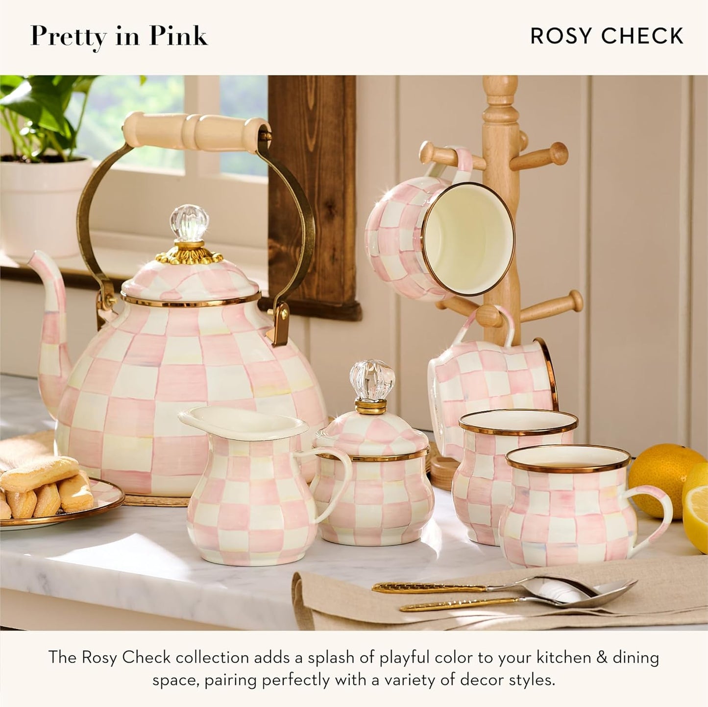 MACKENZIE-CHILDS Enamel Lidded Sugar Bowl, Small Serving Bowl with Lid, 10-Ounce Capacity, Pink-and-White Rosy Check