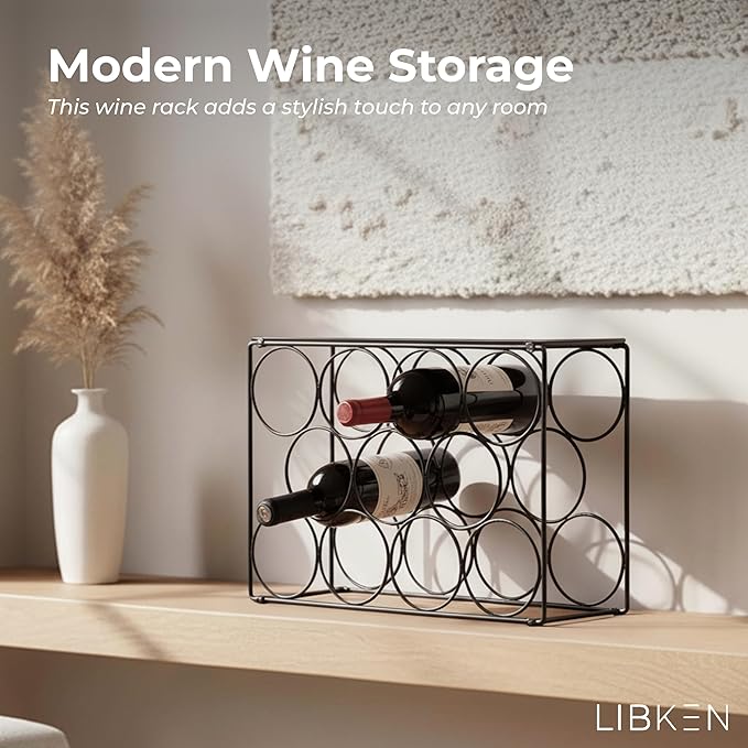 Countertop Wine Rack – Black Powder Coated Metal Wine Holder, Minimal Scandinavian Design – Modern Geometric Small Wine Rack for Countertop, Cabinet, or Tabletop Storage, Fits 11 Bottles