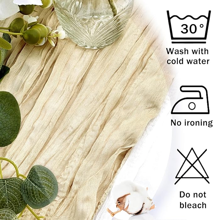 12 Pack Beige Cheesecloth Table Runner 22x120 Inch-Naturally Dyed Colors Sheer Gauze Ivory Cheese Cloth Wedding Table Runner,Rustic Boho Crinkle Fabric, Reception, Bridal Shower,Farmhouse Dining Decor