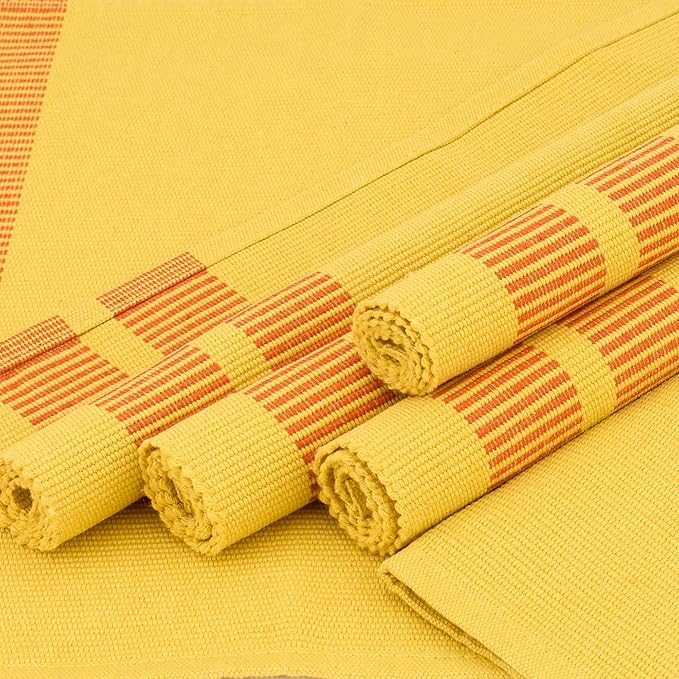 Encasa XO Dining Placemat Set of 6 | Solid Ladder Lemon Color | Fine Ribbed Cotton Table mat | Size 18x13 in |for Dining Table Fall Decoration, Holiday & Christmas Festivals - Machine Washable