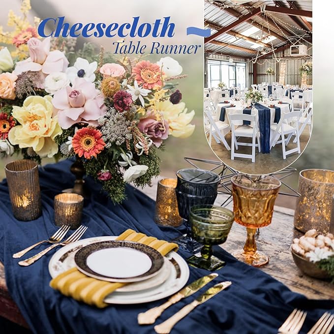 Aktor 12 Pack Navy Blue Cheesecloth Table Runner 10Ft Gauze Table Runner Boho Semi Sheer Cheese Cloth Fabric Runners for Wedding Birthday Baby Shower Party Table Decoration（Navy Blue）
