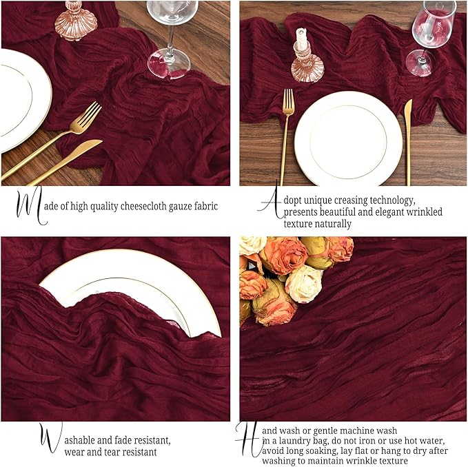 12 Pack Burgundy Table Runners 10Ft Cheesecloth Table Runner Rustic Gauze Table Runner Romantic Long Sheer Fabric Cheese Cloth Table Runner for Wedding Party Bridal Baby Shower