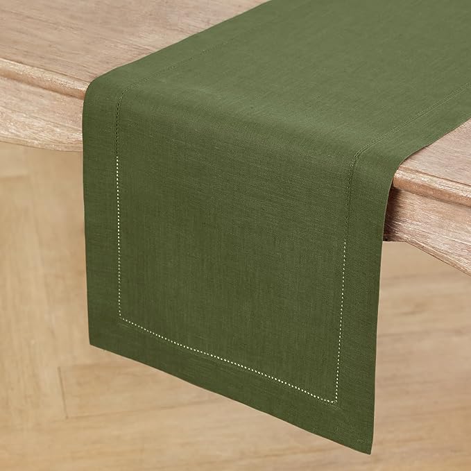 Solino Home Linen Olive Table Runner 72 Inches Long - 100% Pure Linen Hemstitch Table Runner 14 x 72 Inch for Dresser, Dining, Christmas, New Year - Classic Hemstitch