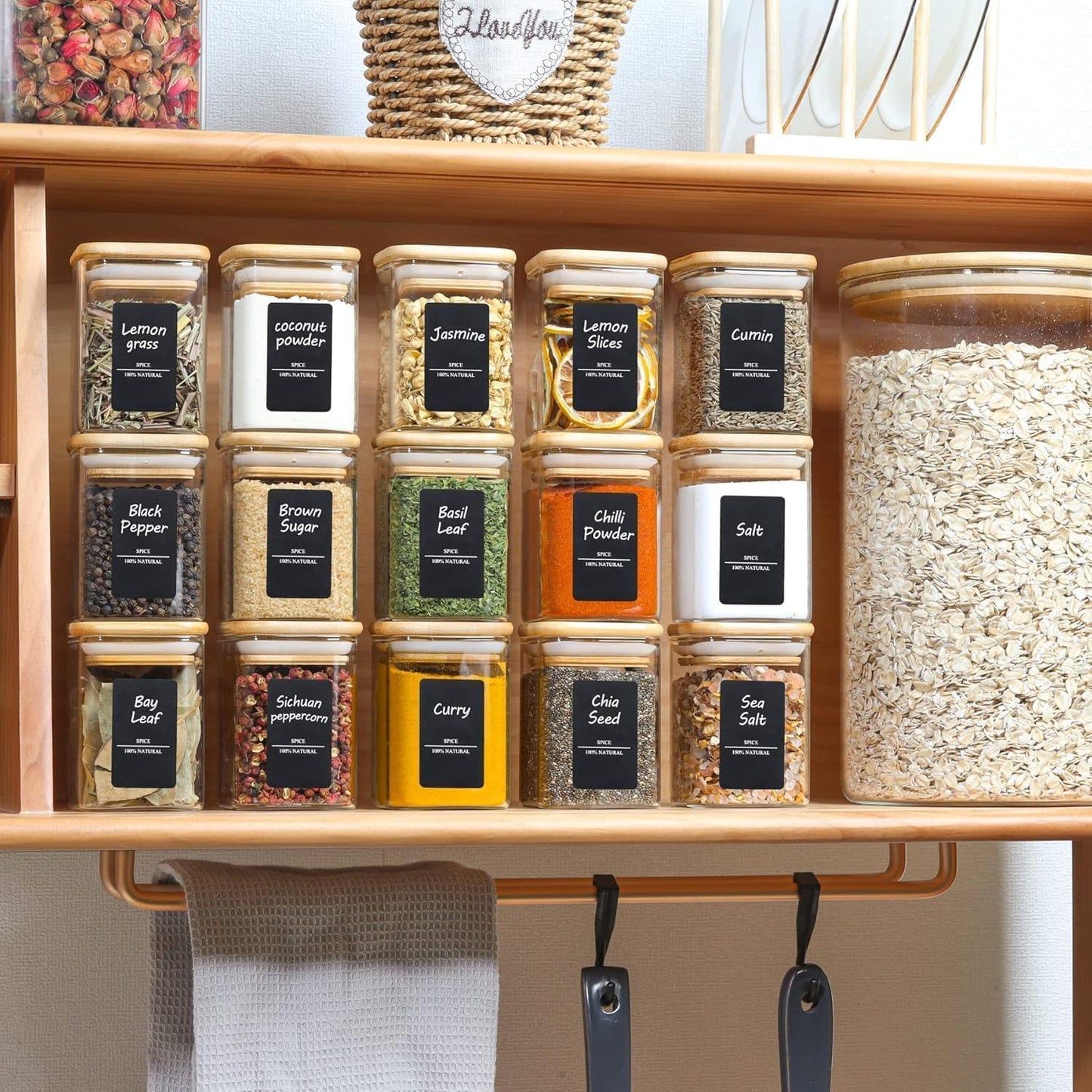 ComSaf Spice Jars with Labels 6 oz 12Pack, Small Spice Containers Starter Set, Glass Seasoning Jars with Lids, Square Seasoning Containers for Salt, Pepper, Chili Powder, Sugar, Ginger Ground, Cumin