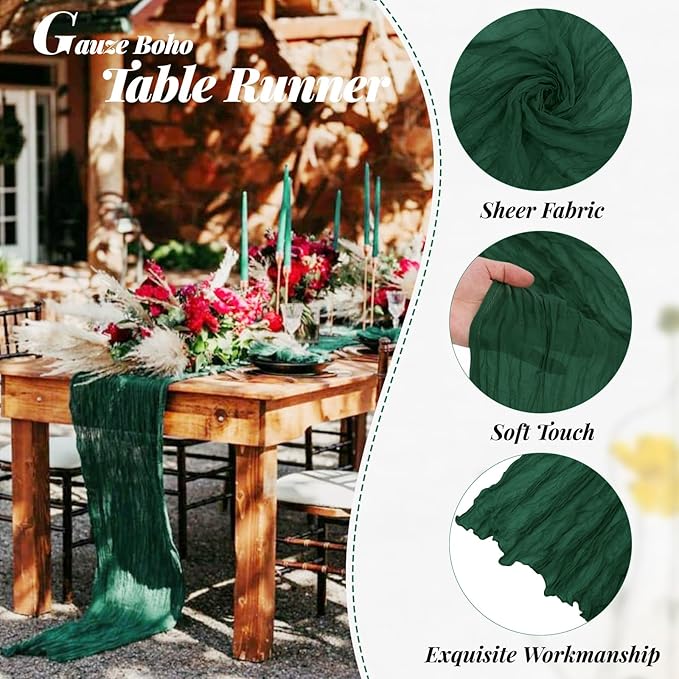 Aktor 12 Pack Christmas Table Runner 10Ft Emerald Green Cheesecloth Table Runner Gauze Boho Semi Sheer Cheese Cloth Fabric Runners for Wedding Birthday Baby Shower Party Decoration（Emerald Green）