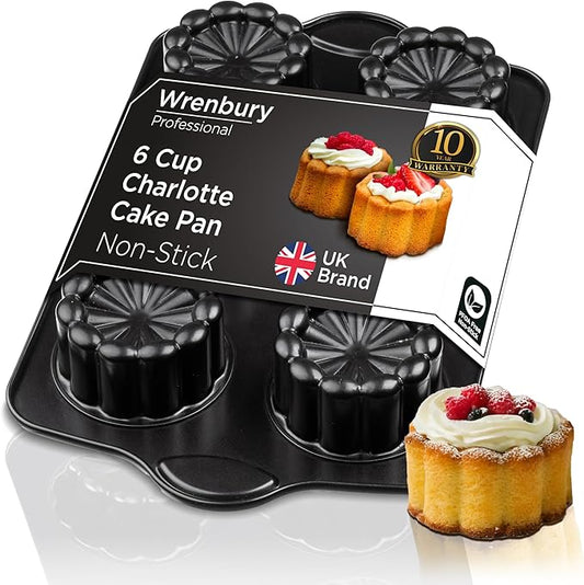 Wrenbury Mini Charlotte Cake Pan 6 Cup - Non Toxic Fluted Molds for Baking - Trifle Cake Mold - Novelty Dessert Tin with Recipe Book - 3.5 inch Non Stick