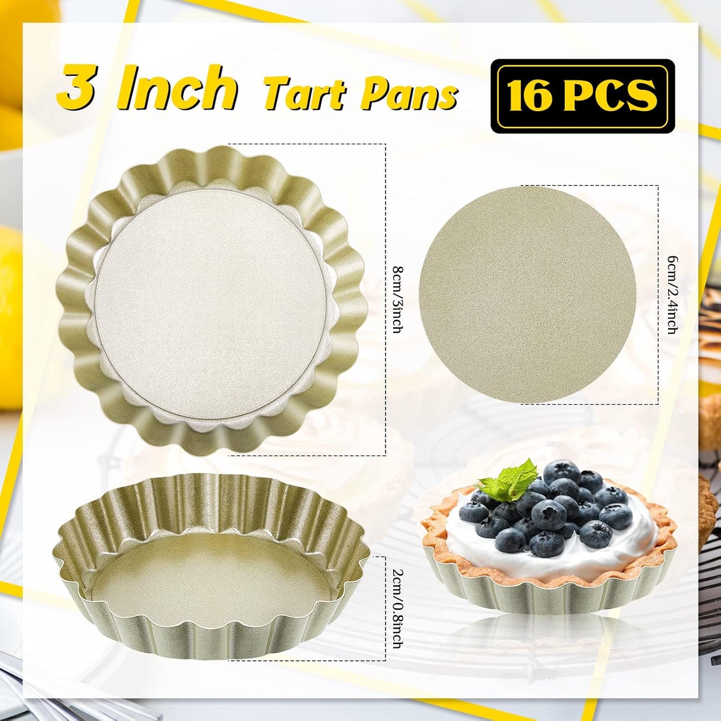 Tessco 16 Pieces Mini Tart Pans with Removable Bottom Nonstick Quiche Mini Pie Tart Pans Bakeware Mold Fluted Side for Pies(Gold Round,4 Inch)