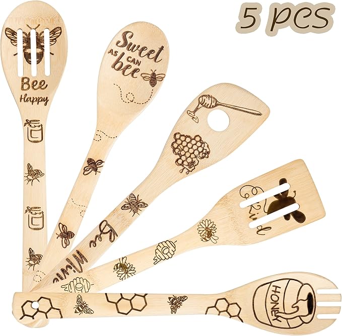 Eartim Bee Wooden Spoons Spatula Set - 5Pcs Bee Themed Cooking Utensil Natural Non-Stick Carve Burned Bamboo Spoon Slotted Spatula Cookware Kitchen Gadgets Housewarming Gift Chef Present Kitchen Decor