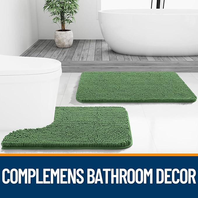 OLANLY Toilet Rugs U-Shaped 24x20, Extra Soft Absorbent Chenille Contour Bathroom Rugs for Toilet, Dry Quickly, Machine Washable, Non-Slip Bath Mat, Olive Green