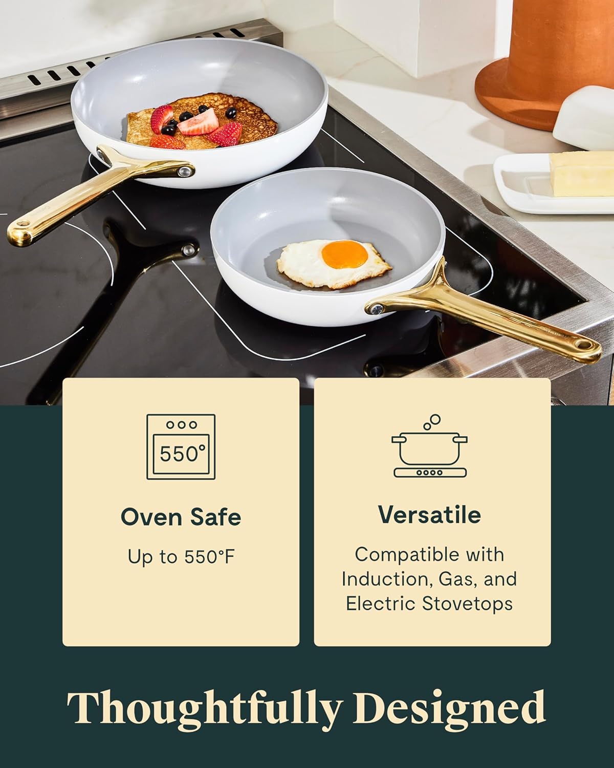 Caraway Ceramic Fry Pan Duo with Glass Lids - Non-Stick Frying Pans (10.5” & 8”) - Non Toxic, PTFE & PFOA Free - Oven Safe & Compatible with All Stovetops – Sage