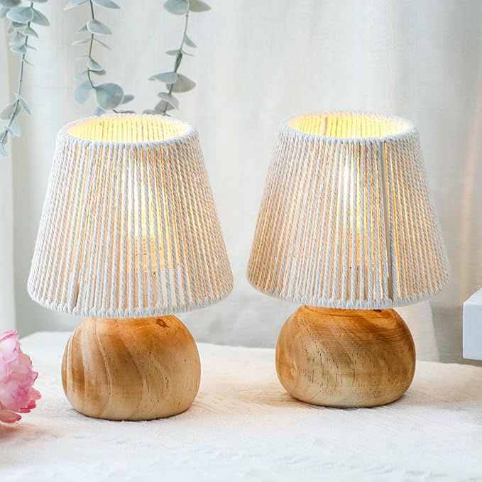 TRIROCKS Set of 2 Woven Cotton Rope Table Lamp - 8'' Tall Cordless Lamps with Wooden Base Boho Lamps Great for Living Room Bedroom Weddings Parties Patio Events
